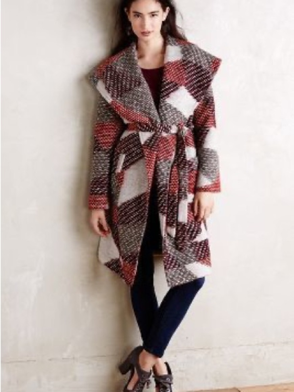 Plaid Wrap Cardigan in Red, Gray & White with Self-Tie Belt